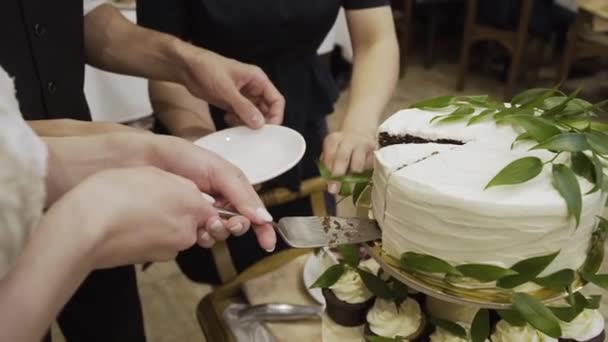 Os recém-casados felizes cortam um bolo de casamento em uma celebração . — Vídeo de Stock