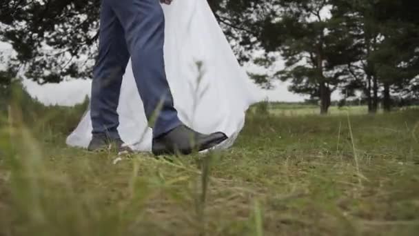 Happy bride and groom walk on the green grass. — Stock Video