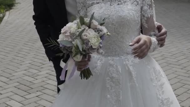 Felices recién casados se abrazan y se acarician . — Vídeo de stock