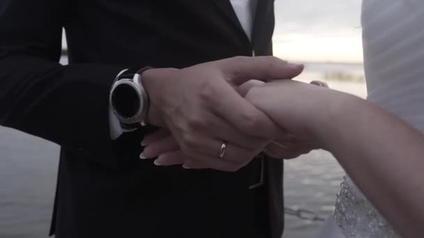 Heureux jeunes mariés caresser les uns les autres mains . — Video