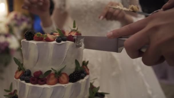 Los recién casados felices cortan un pastel de bodas en una celebración . — Vídeos de Stock