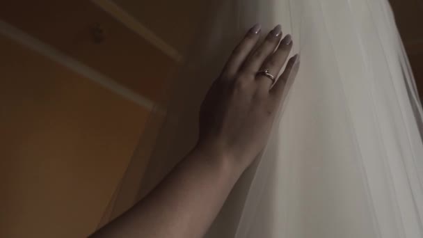 Ευτυχισμένη νύφη αγγίζει το νυφικό της με το χέρι της. — Αρχείο Βίντεο