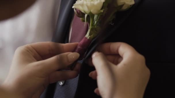 La novia cuelga el boutonniere al novio en el día de la boda . — Vídeos de Stock