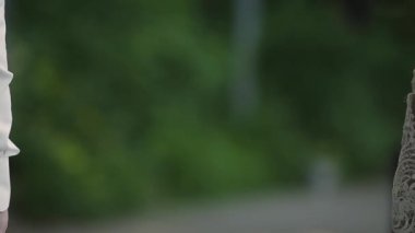 Mutlu yeni evliler düğün gününde el ele tutuşur..