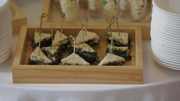 Hermosa mesa buffet con sándwiches . — Vídeos de Stock