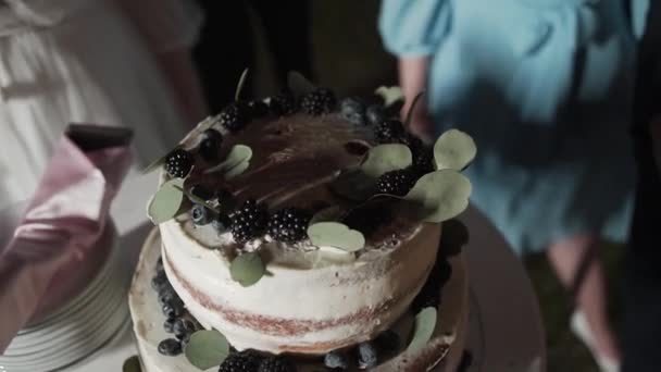 Bröllopstårta på en bröllopsfest. — Stockvideo