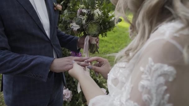 O noivo coloca a aliança no dedo da noiva. mãos de casamento com anéis. Os anéis de casamento de troca de noiva e noivo . — Vídeo de Stock