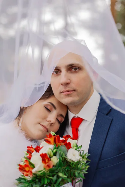Noiva feliz e noivo abaixo de um véu . — Fotografia de Stock