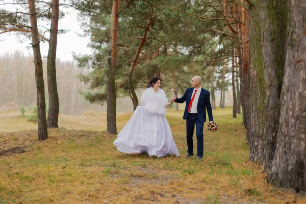 Glückliche Braut und Bräutigam spazieren im Herbst Händchen haltend durch den Wald. — Stockfoto
