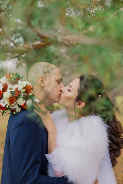 Novia feliz y novio de pie junto al pino y abrazo . — Foto de Stock