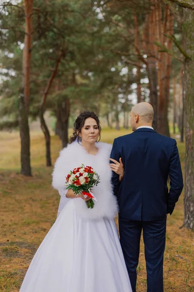 Noiva feliz e noivo estão de pé na floresta de outono de mãos dadas . — Fotografia de Stock