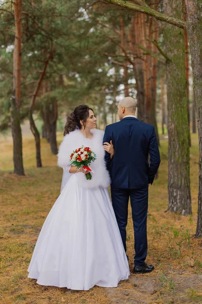 幸福的新娘和新郎手牵手站在秋天的森林里. — 图库照片