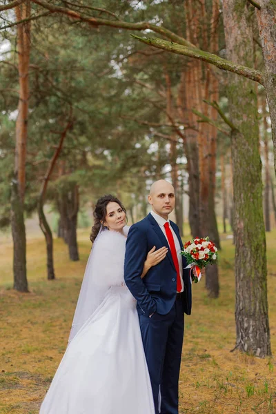Glückliche Braut und Bräutigam stehen Händchen haltend im Herbstwald. — Stockfoto