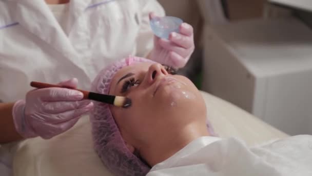 Esteticista profissional aplicando uma máscara no rosto do cliente com uma escova . — Vídeo de Stock