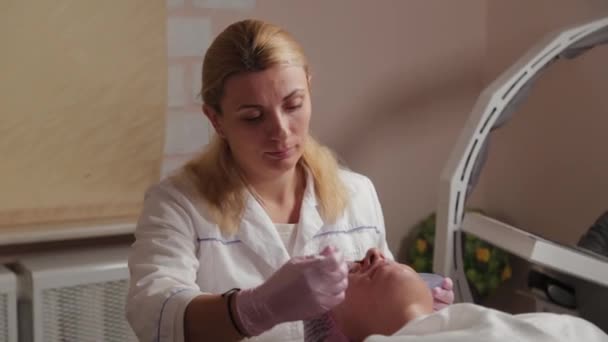 Esthéticienne professionnelle appliquant un masque sur le visage du client avec une brosse . — Video