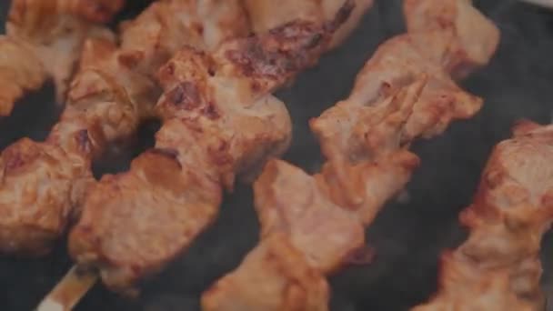A folyamat a főzés barbecue tűz télen időjárás hátterében a hó. — Stock videók