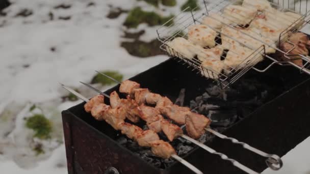 The process of cooking barbecue on fire in winter weather on a background of snow. — ストック動画