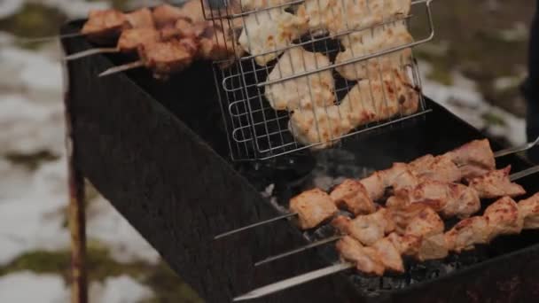 The process of cooking barbecue on fire in winter weather on a background of snow. — Stok video