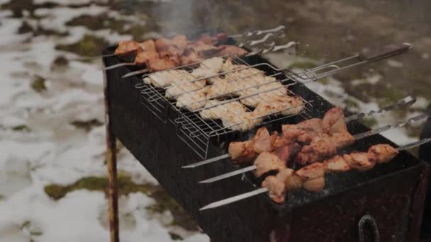 The process of cooking barbecue on fire in winter weather on a background of snow. — Stockvideo