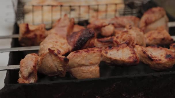 Le processus de cuisson barbecue sur le feu par temps hivernal sur un fond de neige . — Video