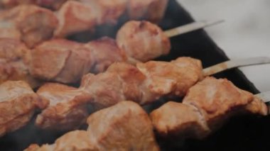 The process of cooking barbecue on fire in winter weather on a background of snow.