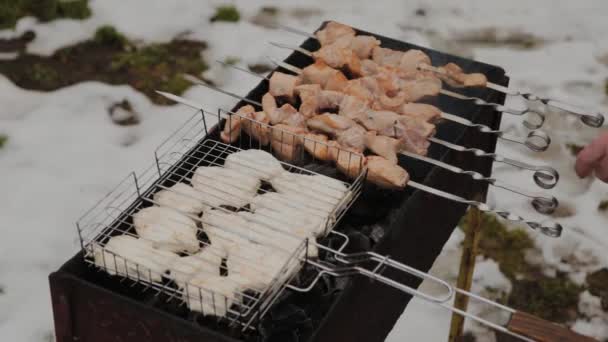 The process of cooking barbecue on fire in winter weather on a background of snow. — 图库视频影像