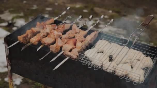 Het proces van koken barbecue in brand in de winter weer op een achtergrond van sneeuw. — Stockvideo