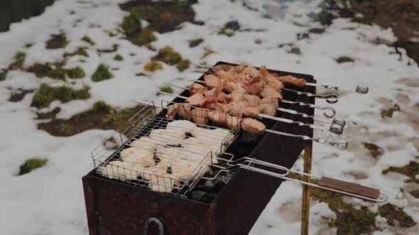 Процес приготування барбекю на вогні в зимову погоду на тлі снігу . — стокове відео
