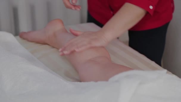 Kadın masaj terapisti müşterinin bacaklarına masaj yapıyor.. — Stok video