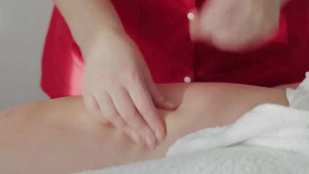 Female massage therapist massaging clients legs. — 비디오