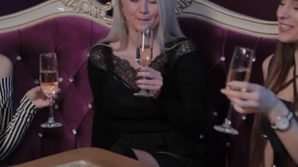 Meisjes houden een glas champagne vast. Drink wat en praat met elkaar.. — Stockvideo