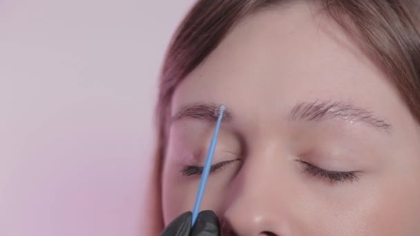 Femme maître peint les sourcils au client . — Video