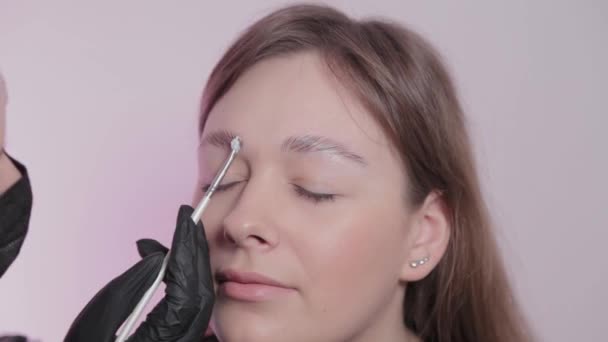 Femme maître peint les sourcils au client . — Video