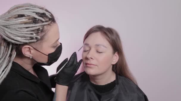 Mujer maestro pinta las cejas al cliente . — Vídeos de Stock