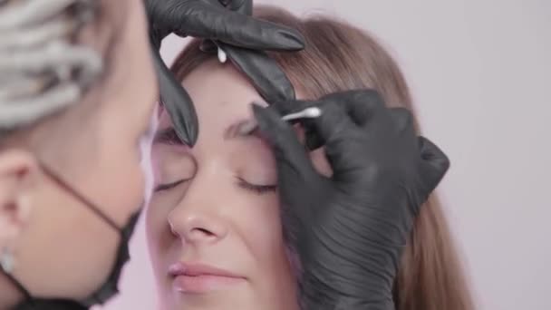 Mulher mestre pinta sobrancelhas ao cliente . — Vídeo de Stock