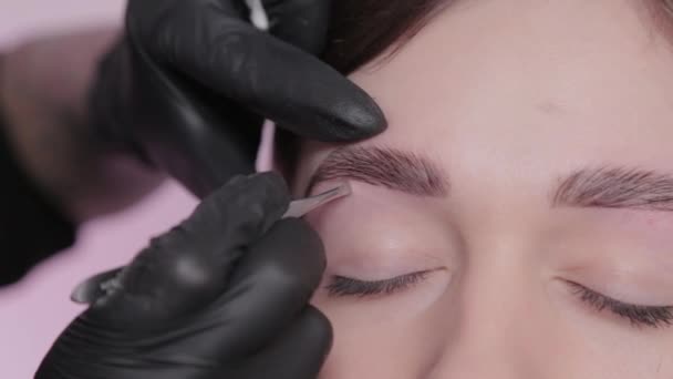 Professional makeup artist plucking eyebrows to client at beauty salon. — Stock Video