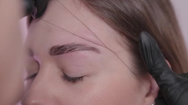 Professionele make-up kunstenaar plukken wenkbrauwen aan de klant bij schoonheidssalon. — Stockvideo