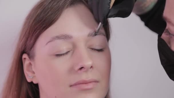 Woman master paints eyebrows to client. — Stock Video