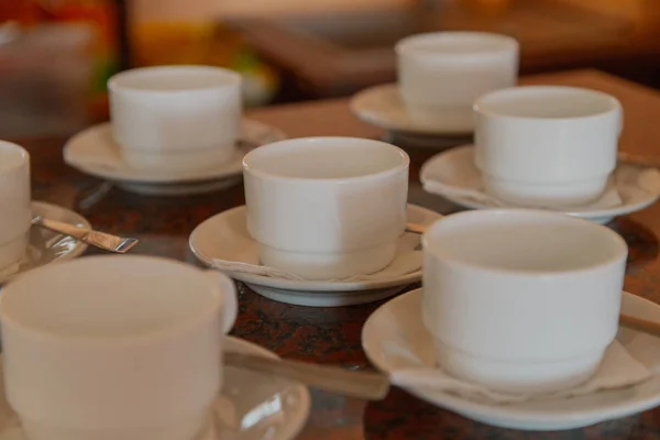 White cups for coffee on the table. — Stock Photo, Image