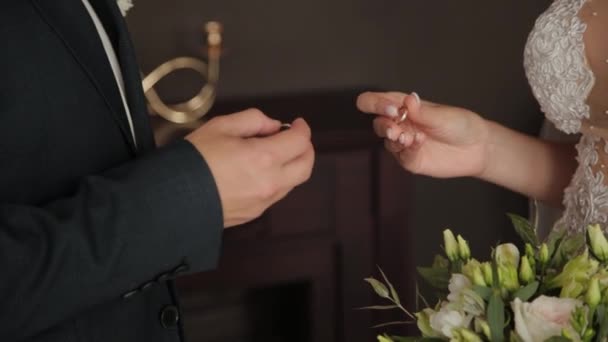 Los recién casados ponen los anillos en el dedo uno a otro . — Vídeo de stock