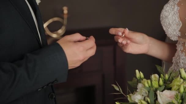 Os recém-casados põem anéis em um dedo um a outro . — Vídeo de Stock