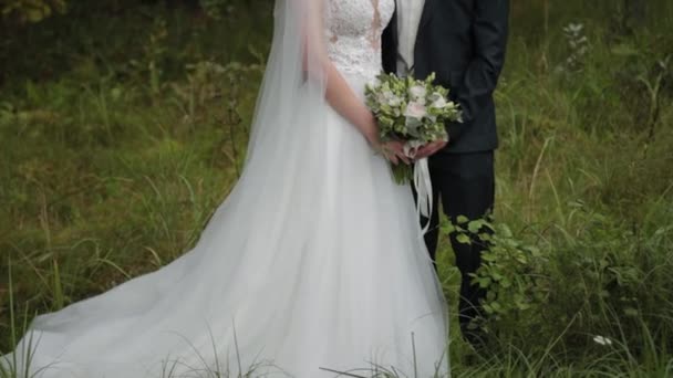 Belle jeune mariée et marié s'embrassent et se tiennent la main . — Video