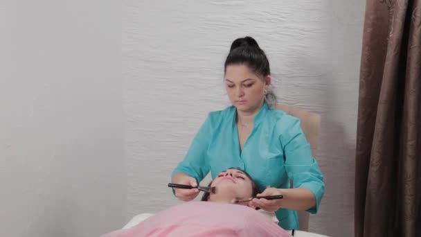 Žena masérka dělá masáž obličeje štětcem klientovi. — Stock video