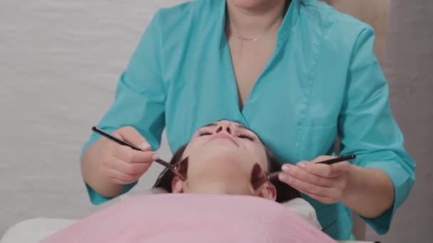 Mujer terapeuta de masaje hace masaje con cepillo facial al cliente . — Vídeo de stock