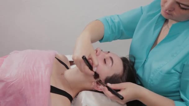 Woman massage therapist does face brush massage to client. — Stock Video