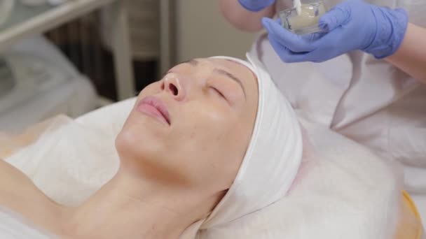 Esteticista profissional aplicando uma máscara facial a uma mulher . — Vídeo de Stock