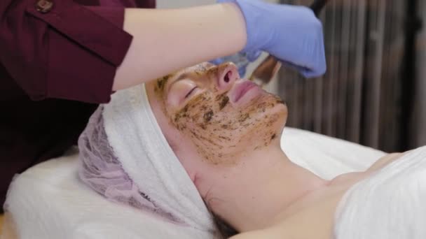 Profesional ahli kecantikan menerapkan masker wajah untuk seorang wanita. — Stok Video