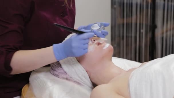 Esteticista profesional aplicando una mascarilla facial a una mujer . — Vídeo de stock