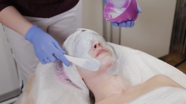 女性にフェイスマスクを適用するプロの美容師. — ストック動画
