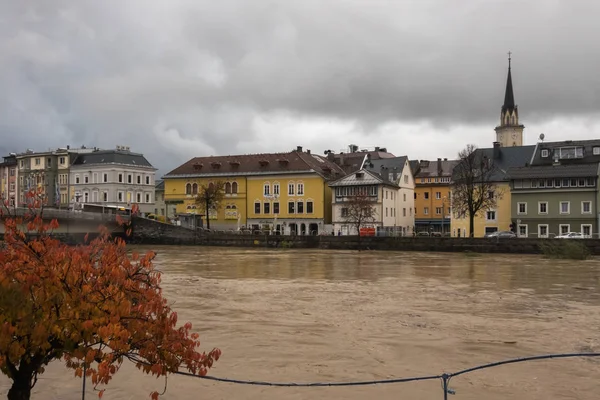 Villach Oostenrijk Oktober 2018 Floodwater Een Vrij Hoog Niveau Treft — Stockfoto